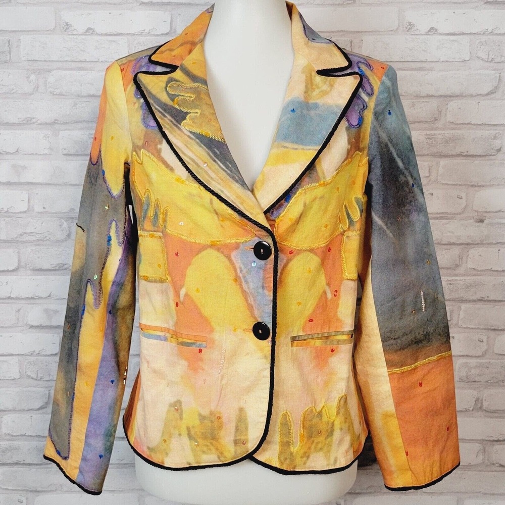 Anage Too wearable art jacket blazer yellow blue hand painted cotton sz Small